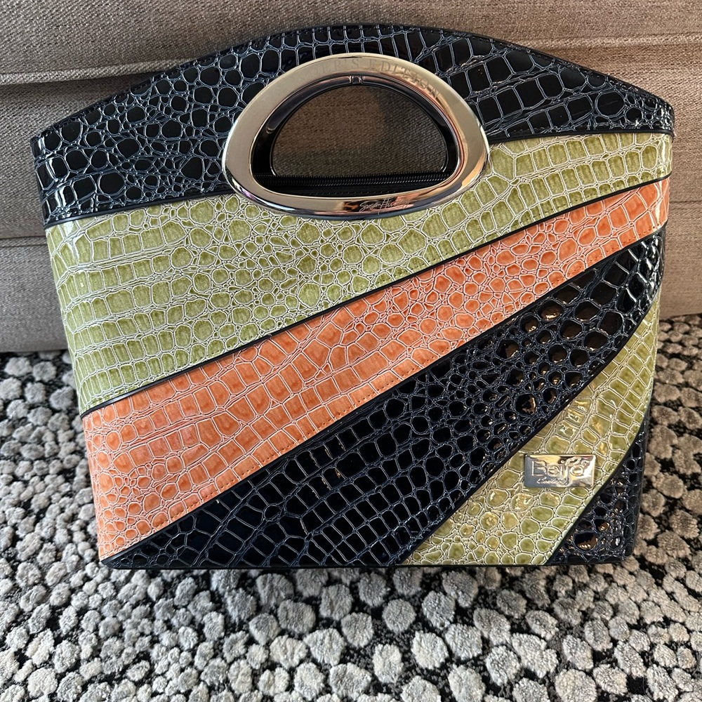 RARE Beijo Founder’s Edition Navy, Green, and Orange Croc-Embossed Women's Tote